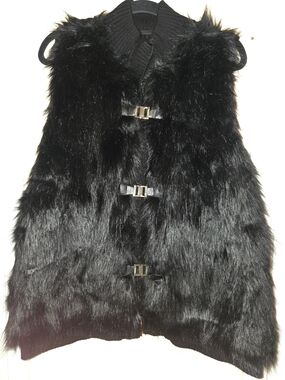 Calvin Klein Black Faux Fur Knit Sweater Vest with Gold Buckle Closures 2X